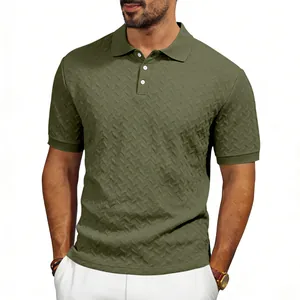 Macro detail of olive green men's Polo shirt showing herringbone jacquard texture