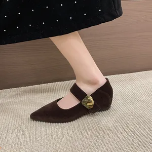 Detailaufnahme der braunen Wildleder-Mary-Janes mit spitzer Kappe und goldener Schnalle.