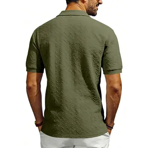 Back view of men's olive green jacquard polo shirt with textured V-pattern detail