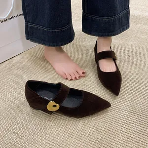 Detailansicht brauner Wildleder-Mary-Janes mit einer eleganten goldenen Herzschnalle