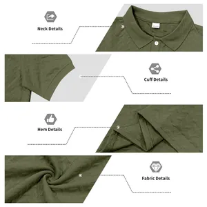 Detail views of neck, cuff, hem, and jacquard fabric of a men's polo shirt
