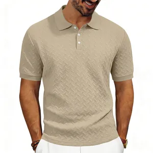 Detailed view of men's beige jacquard textured knit polo shirt with slim fit design