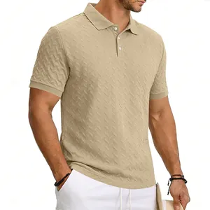 Premium men's jacquard short sleeve polo shirt in slim fit casual beige textured style.