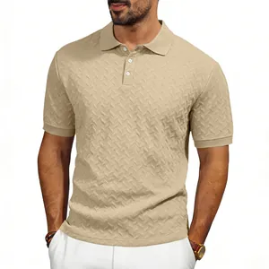 Men's premium slim fit polo shirt featuring a textured jacquard herringbone pattern in khaki