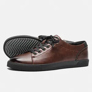 Close-up detail of men's brown leather skate shoes featuring the anti-slip rubber sole