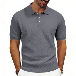 Close-up of the elegant V-shaped jacquard texture on this grey men's slim fit polo shirt