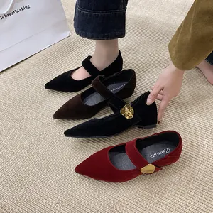 Elegante französische Mary Jane Schuhe mit spitzer Kappe, 4cm Keilabsatz und goldener Schnalle
