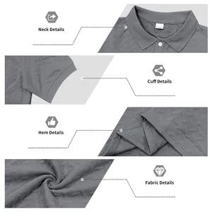 Detailed views of grey jacquard polo shirt showing neck, cuff, hem, and fabric texture