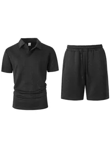 Heren 2-delige zomerserie met zwart jacquard gebreid poloshirt en korte broek