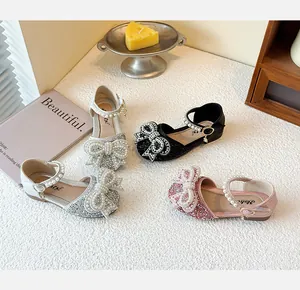 Girls' princess sandals with rhinestone bows in four colors: black, pink, silver, white