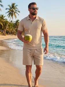 Beige jacquard heren set met poloshirt en short gedragen op het strand.