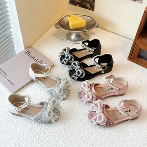 Girls Bow Rhinestone Princess Sandals Sweet Sparkling Pearls Performance Dress Shoes Summer Cutout Mary Janes Toddler Kids