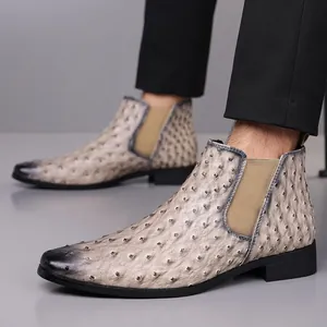 Bottines Chelsea élégantes pour hommes avec motif autruche et bout carré patiné