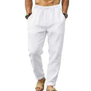Men's white linen straight-leg casual pants with drawstring waist and pockets detail