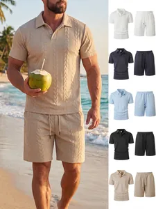 Heren Zomer Casual Set Jacquard Kabelpatroon Korte Mouw Poloshirt en Shorts Set Ademend Sport Trainingspak