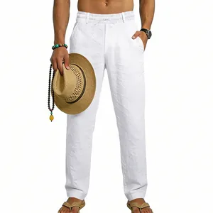 High-quality detailed view of white men's linen casual straight trousers for vacation.