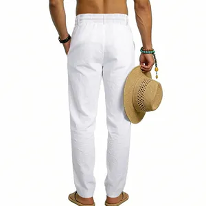 Rear view of men's white linen casual pants featuring a comfortable elastic waist