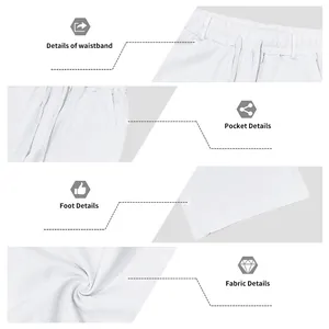 Detailed close-up view of white linen trousers waistband, pockets, hem, and fabric