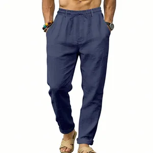 Men's navy blue linen casual pants with straight leg and drawstring waist detail