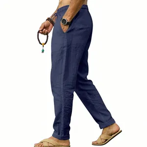 Men's navy blue linen casual straight pants side view, breathable loose fit trousers.