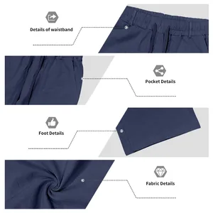 Detailed views of navy blue men's linen pants including waistband, pocket, and fabric texture