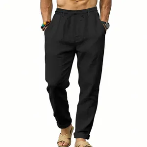 Macro view showing the black linen-style fabric texture and the straight-leg cut detail