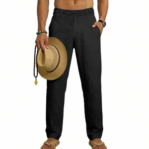 Detailed view of men's black linen casual straight pants with drawstring waist for summer