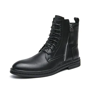 Bottes montantes en cuir noir pour hommes avec lacets et fermeture éclair latérale