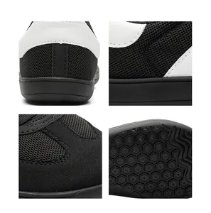 Detail-Collage zeigt atmungsaktives Mesh, Nähte und Profil der Barfuß-Sneaker.
