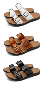 Men's outdoor buckle strap sandals in white, brown, and black PU leather finishes