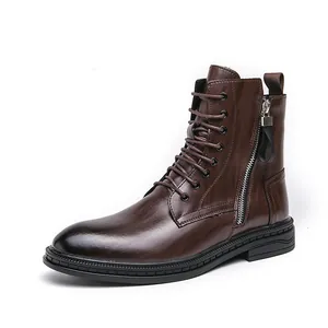 Bottines en cuir marron de style britannique pour hommes avec fermeture éclair latérale