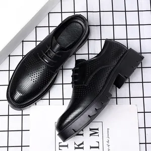 Classic black perforated men's leather dress shoes with elevator platform heels.