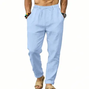 Men's light blue linen casual straight-leg pants with elastic drawstring waist