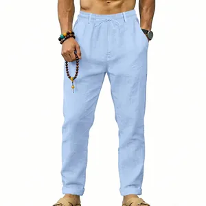 Men's casual light blue linen straight-leg trousers with drawstring waist and pockets.