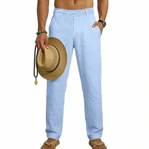 Light blue men's breathable linen casual trousers with an elastic drawstring waist