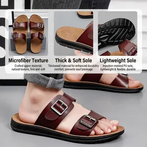 Men's brown PU leather outdoor sandals with double buckle straps and soft thick sole