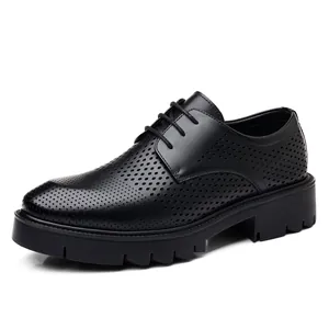 Elegant black perforated men's business dress shoes with hidden elevator thick sole
