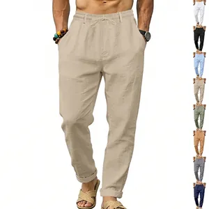 Damen Casual Leinenhose Lockerer Schnitt Gerades Bein Kordelzug Taille Hose Für Urlaub Alltag Atmungsaktive Baumwoll-Leinen Hosen