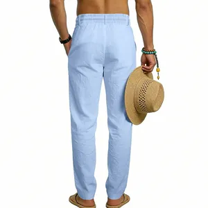 Detailed back view of men's light blue linen casual straight-leg trousers for vacation