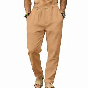 Men's khaki linen casual pants with elastic drawstring waist and straight leg fit