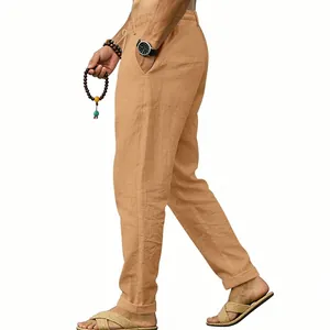 Detailed side view of men's breathable khaki linen casual straight-leg pants for summer.