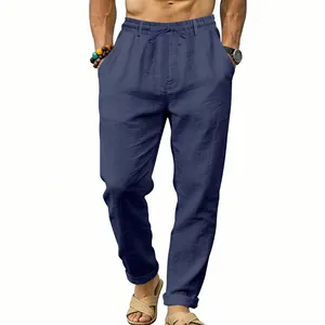 Herren Freizeithose aus marineblauem Leinen mit Kordelzug und geradem Bein