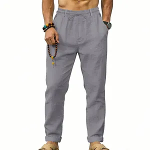 Men's casual loose gray linen trousers with drawstring and elastic waist detail
