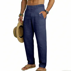 Detailansicht der dunkelblauen Leinen-Freizeithose für Herren mit Kordelzug und weitem Schnitt