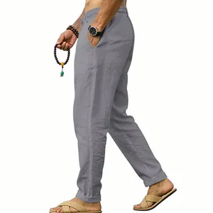 Side view of gray men's linen casual pants with straight leg and elastic waist