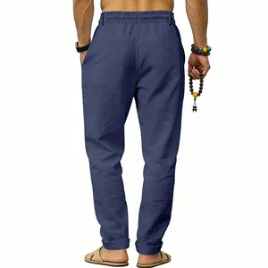 Rückansicht der marineblauen Herren-Freizeithose aus Leinen mit elastischem Bund
