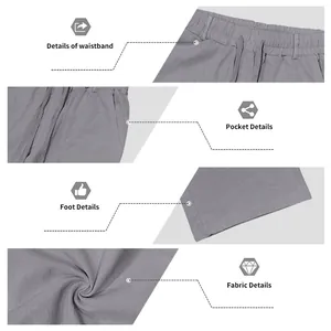 Detail views of men's casual linen pants showing waistband, pocket, and fabric texture