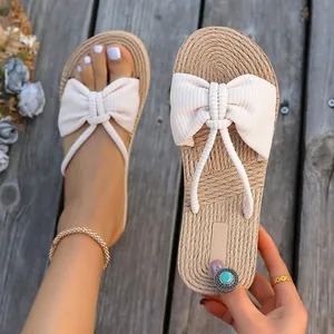 Sandalias bohemias de cuerda de paja con lazo para mujer y suela plana cómoda