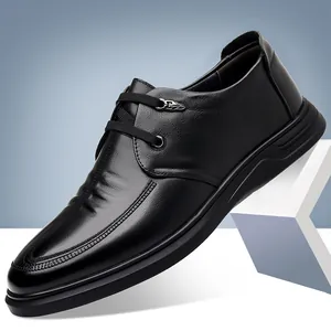 Men's Genuine Leather Business Casual Shoes Top Layer Cowhide Soft Sole Breathable Formal Derby Shoes For Father Black