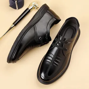 Premium men's business casual black leather shoes with soft soles and lace-up design